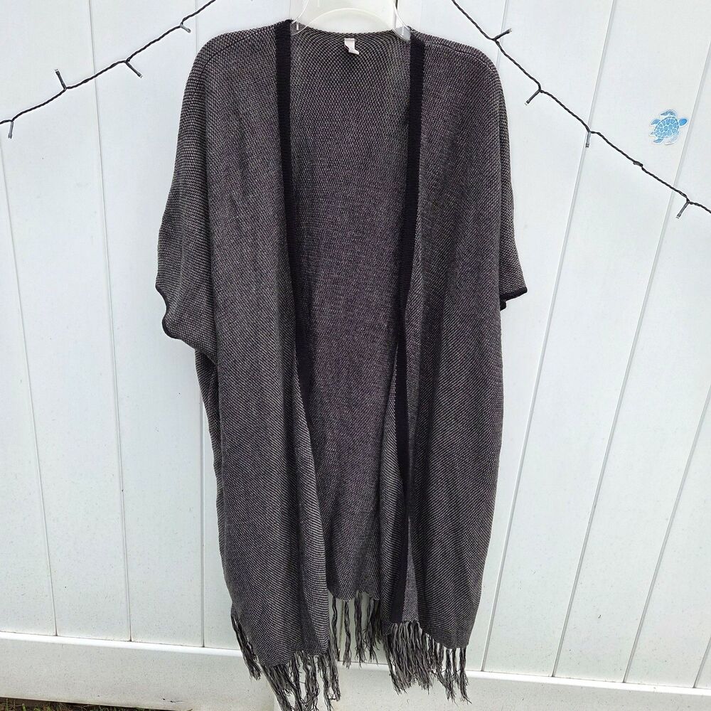 Loft Knit Marled Open Front Fringed Poncho Cardigan Sweater One Size